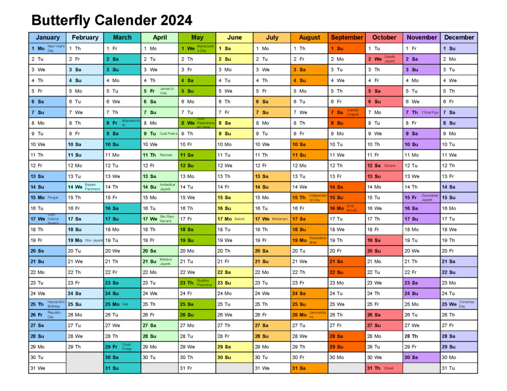 Calender 2024 - Butterfly Trampoline Park - Hinjawadi Pune